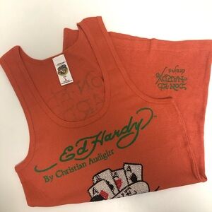 Ed Hardy Christian Audigier Vintage Orange Rhinestone Women Tank Top